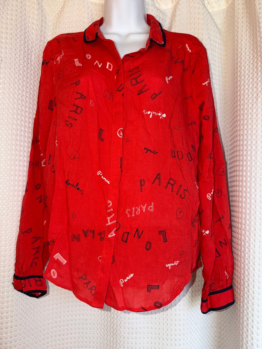 Maeve Anthropologie Paris Print Blouse Size 10 Red Button Front Top